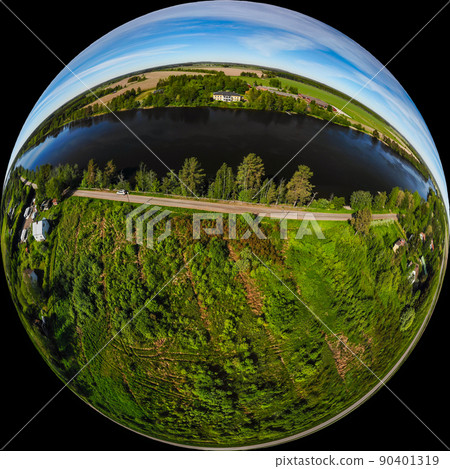 A three dimensional aerial panoramic view of river Kymijoki bank with beautiful wooden Rabbelugn Manor - Takamaan Kartano. 90401319