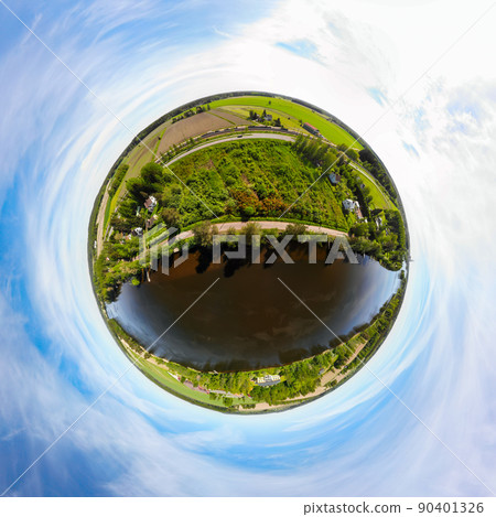 A three dimensional aerial panoramic view of river Kymijoki bank with beautiful wooden Rabbelugn Manor - Takamaan Kartano. A three dimensional aerial panoramic view of river Kymijoki bank with beautiful wooden Rabbelugn Manor - Takamaan Kartano. 90401326