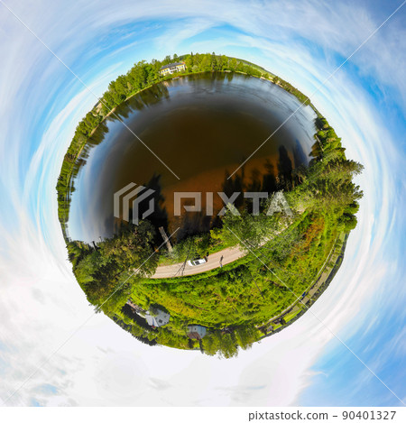 A three dimensional aerial panoramic view of river Kymijoki bank with beautiful wooden Rabbelugn Manor - Takamaan Kartano. A three dimensional aerial panoramic view of river Kymijoki bank with beautiful wooden Rabbelugn Manor - Takamaan Kartano. 90401327