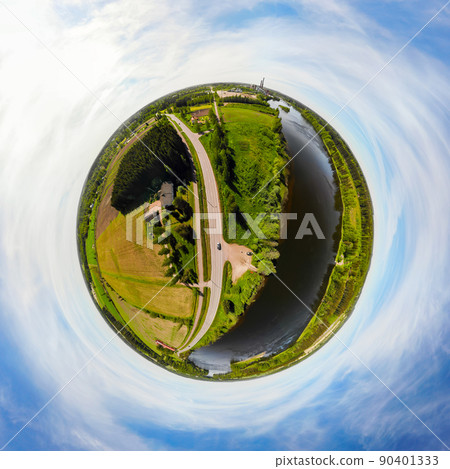 A three dimensional aerial panoramic view of place Myllykoski at river Kymijoki, Kouvola, Finland. 90401333