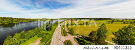 Aerial panoramic view of place Myllykoski at river Kymijoki, Kouvola, Finland. 90401336