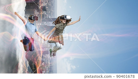Kids wearing virtual reality goggles 90401678