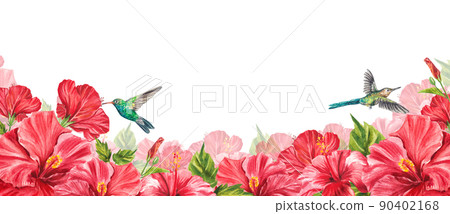 Floral horizontal border with tropical red flowers, green leaves, hibiscus. Watercolor isolated pattern on white background, panoramic illustration summer tropics. Design website, greeting card, pack 90402168