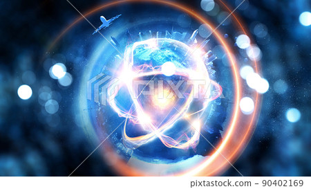 Nanotechnology, Molecule model image . Mixed media 90402169