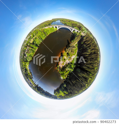 A three dimensional panoramic aerial view of bridge and Kymijoki river waters in Finland, Kymenlaakso, Kouvola, Koria 90402273