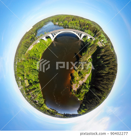 A three dimensional panoramic aerial view of bridge and Kymijoki river waters in Finland, Kymenlaakso, Kouvola, Koria 90402277