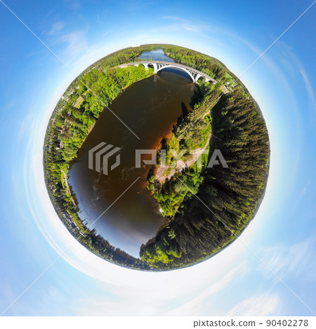 A three dimensional panoramic aerial view of bridge and Kymijoki river waters in Finland, Kymenlaakso, Kouvola, Koria 90402278