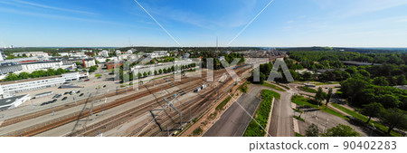 Aerial panoramic view of Kouvola railway station and city center. 90402283