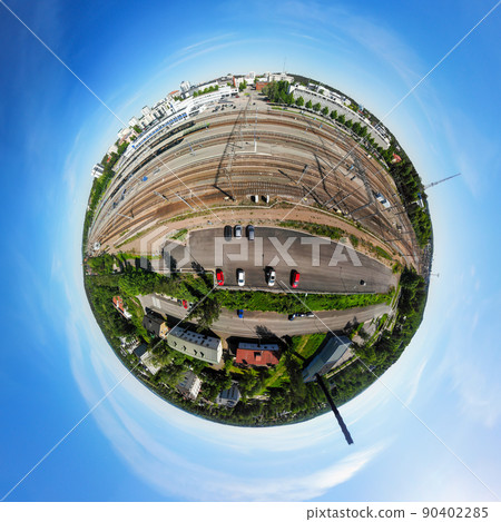 A three dimensional aerial panoramic view of Kouvola railway station and city center. 90402285