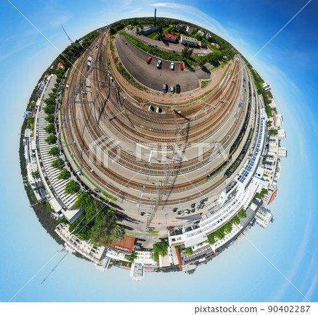 A three dimensional aerial panoramic view of Kouvola railway station and city center. 90402287