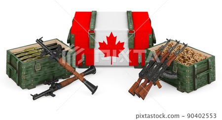 Weapons, military supplies in Canada, concept. 3D rendering Weapons, military supplies in Canada, concept. 3D rendering 90402553