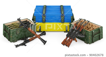 Weapons, military supplies in Ukraine, concept. 3D rendering Weapons, military supplies in Ukraine, concept. 3D rendering 90402678