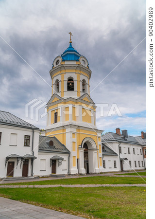 Russia. Leningrad region. May 29, 2022. Bell tower of the Nativity of the Theotokos Monastery on the island of Konevets. Russia. Leningrad region. May 29, 2022. Bell tower of the Nativity of the Theotokos Monastery on the island of Konevets. 90402989