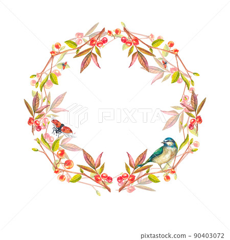 Watercolor blue bird on a branch with a ladybug on a white background. The banner and frame are painted in watercolor. The illustration is suitable for design, printing, postcards, wedding invitations 90403072