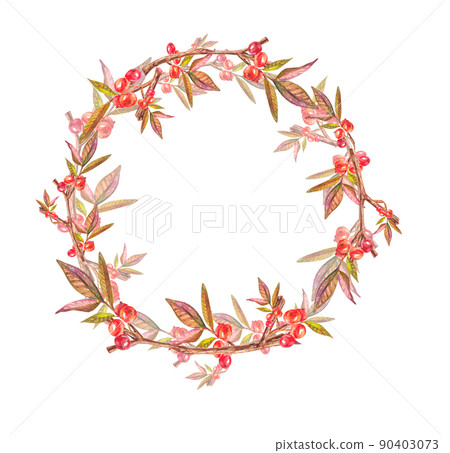 A frame of red watercolor berries on a twig with leaves highlighted on a white background. Watercolor illustration with berries and leaves. Suitable for design, packaging, postcards, invitations 90403073