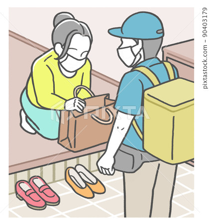 A woman wearing a mask who receives the ordered food from the delivery staff A woman wearing a mask who receives the ordered food from the delivery staff 90403179