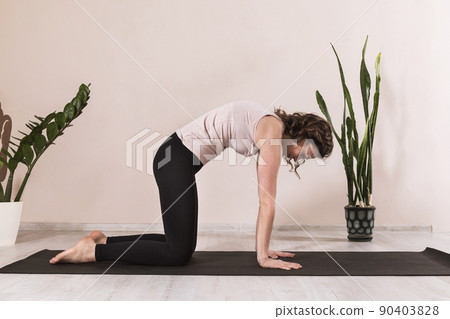 Woman in sportswear practicing yoga, standing in marjaryasana asana, cat pose, exercising on a mat at home near the wall Woman in sportswear practicing yoga, standing in marjaryasana asana, cat pose, exercising on a mat at home near the wall 90403828