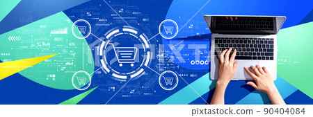 Online shopping theme with person using a laptop Online shopping theme with person using a laptop 90404084