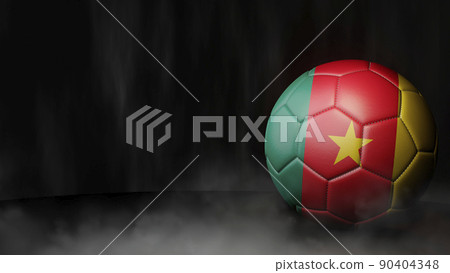 Soccer ball in flag colors on a dark abstract background. Cameroon. 3D image. 90404348