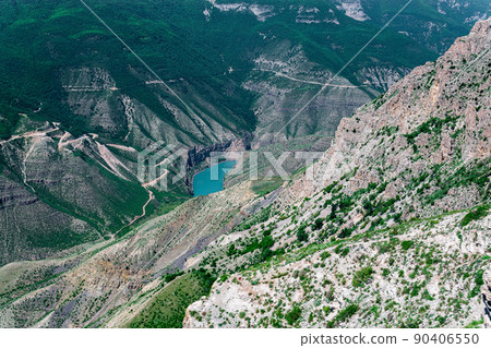 mountain landscape, view of the deep canyon with blue water, valley of the Sulak river in Dagestan mountain landscape, view of the deep canyon with blue water, valley of the Sulak river in Dagestan 90406550