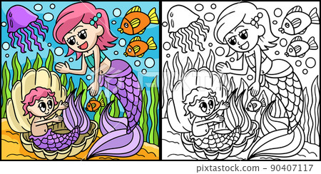 Mermaid With A Baby Coloring Page Illustration 90407117