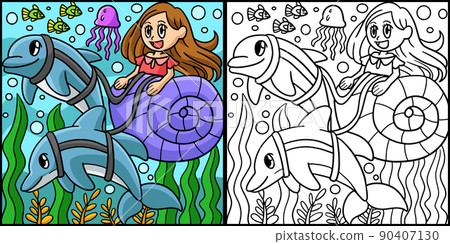 Mermaid Riding In A Seashell Colored Illustration Mermaid Riding In A Seashell Colored Illustration 90407130