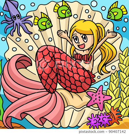 Mermaid Sitting in a Giant Shell Colored Cartoon 90407142