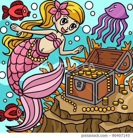 Mermaid With Treasure Box Colored Cartoon Mermaid With Treasure Box Colored Cartoon 90407143
