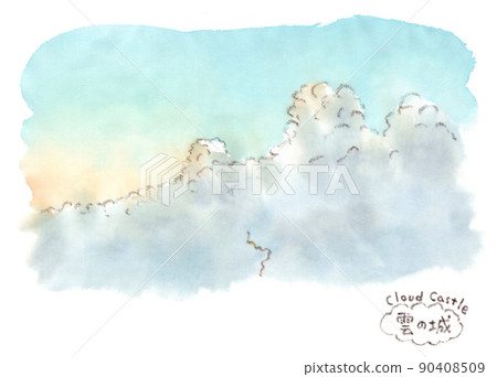 Cumulonimbus clouds rise in the sky in the early summer evening. Watercolor illustration 90408509