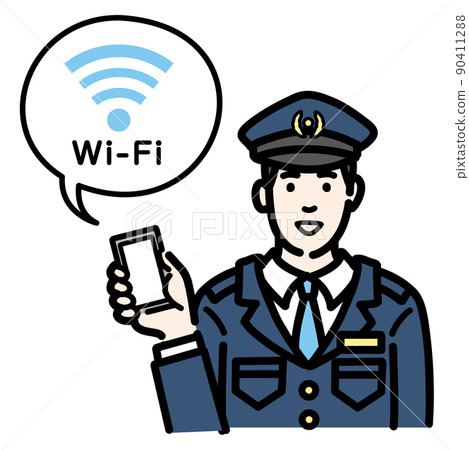 A police officer man holding a smartphone and explaining Wi-Fi A police officer man holding a smartphone and explaining Wi-Fi 90411288