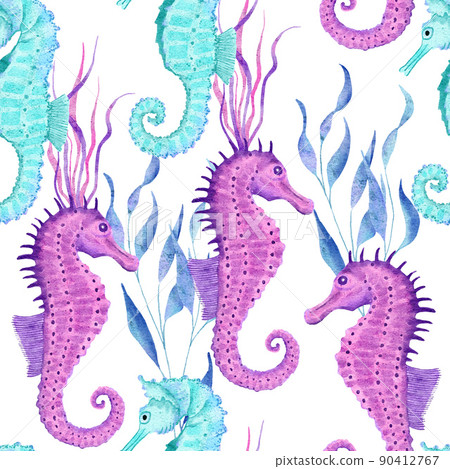 Watercolor hand drawn seamless pattern with underwater marine nautical animals shells fish. Purple blue seahorse seaweed jellyfish, ocean sea summer vacation beach background, turquoise fabric print. Watercolor hand drawn seamless pattern with underwater marine nautical animals shells fish. Purple blue seahorse seaweed jellyfish, ocean sea summer vacation beach background, turquoise fabric print. 90412767