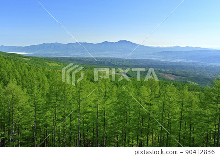 View of Sakudaira and Asama mountain range from the viewing platform at the junction of the Marchen Road and Yatsugatake View Road that pass through the Yachiho Highland 90412836