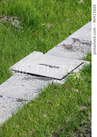 Concrete, drains, floods, outdoors, civil engineering, grass, weeds 90413888