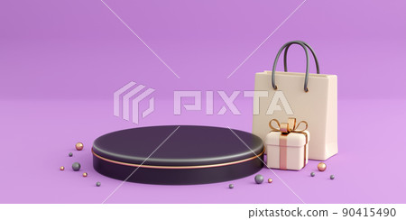 Realistic white gift boxes with paper shopping bag and black podium on violet background. Concept of black friday or christmas sales, present or surprise. 3d high quality render 90415490