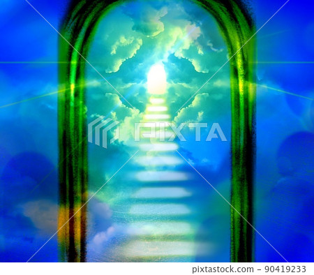 白色天使翅膀在藍天飛翔的插圖，通往天堂的大門，以及發光的雲梯 90419233