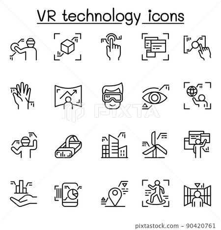 Virtual Reality technology icon set in thin line style Virtual Reality technology icon set in thin line style 90420761