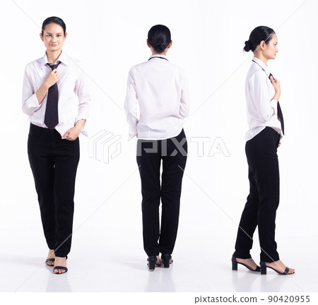 Full length 20s young Mix Race Woman bartender worker employee, 360 front side back rear view Full length 20s young Mix Race Woman bartender worker employee, 360 front side back rear view 90420955