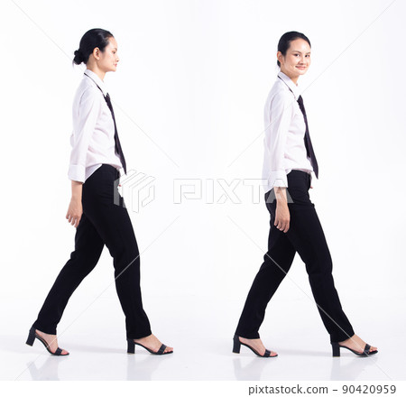 Full length 20s young Mix Race Woman  bartender worker employee, walking forward left right 90420959