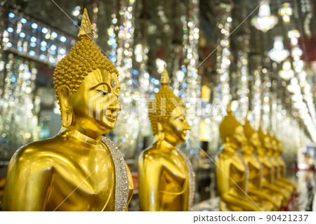 Golden Buddha and  glitter glass column at Wat Tha Sung, Uthai 90421237