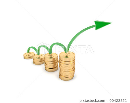 Stack of growth compound golden coins with green arrow. Money increasing value, successful financial business investment concept, 3d rendering 90422851