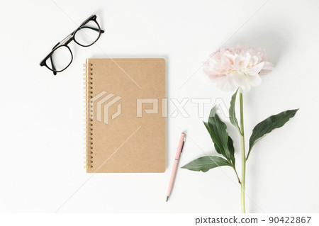 Minimal styled flat lay with peony flower and blank notebook. Planner mockup Minimal styled flat lay with peony flower and blank notebook. Planner mockup 90422867