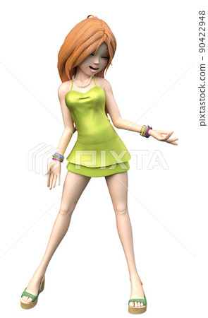 3D Cartoon girl in green dress 90422948