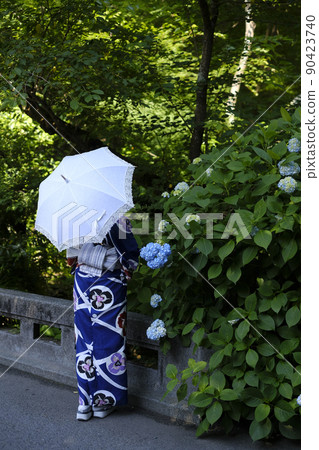 一個拿著陽傘的藍色和服的女人 90423740