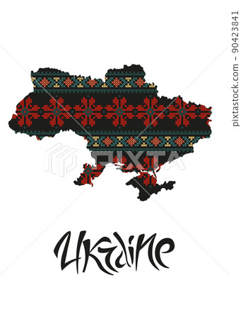 Ukraine map silhouette in a banner with embroidery of traditional ornament. Patriotic Ukrainian Poster. 90423841