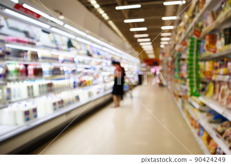 Supermarket Aisle and Shelves with dairy products in refrigerator blur background 90424249