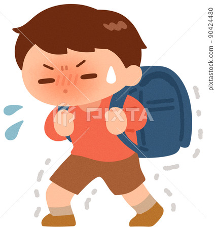 Boy carrying a heavy school bag on his back 90424480