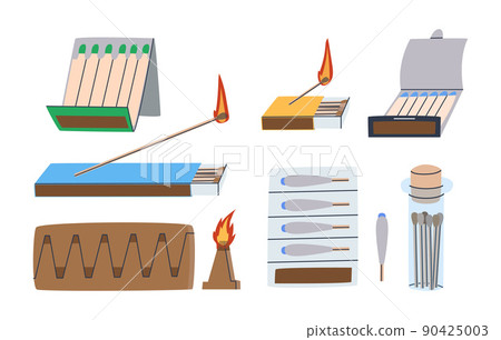 A set of different matches for use in wind, rain, snowfall. Tourist and camping matches. Matches for the fireplace. Flat illustration. Eps10 A set of different matches for use in wind, rain, snowfall. Tourist and camping matches. Matches for the fireplace. Flat illustration. Eps10 90425003