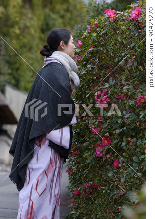 Roadside cold camellia and kimono woman 90425270