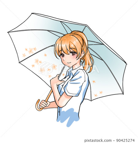 A girl with a ponytail in charge of orange holding a floral umbrella 90425274