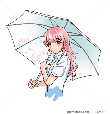 A girl with curly hair in charge of pink holding a floral umbrella 90425982
